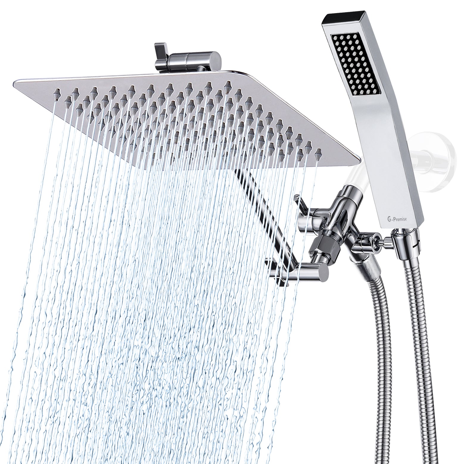 G-Promise All Metal 8" Dual Square Shower Head Combo | Rain Shower Head | Handheld Shower Wand | Adjustable | Smooth 3-Way Diverter | 71" Extra Long Hose - A Bathroom Upgrade (Chrome)