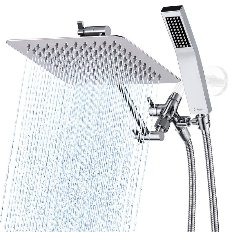 G-Promise All Metal 8" Dual Square Shower Head Combo | Rain Shower Head | Handheld Shower Wand | Adjustable | Smooth 3-Way Diverter | 71" Extra Long Hose - A Bathroom Upgrade (Chrome)