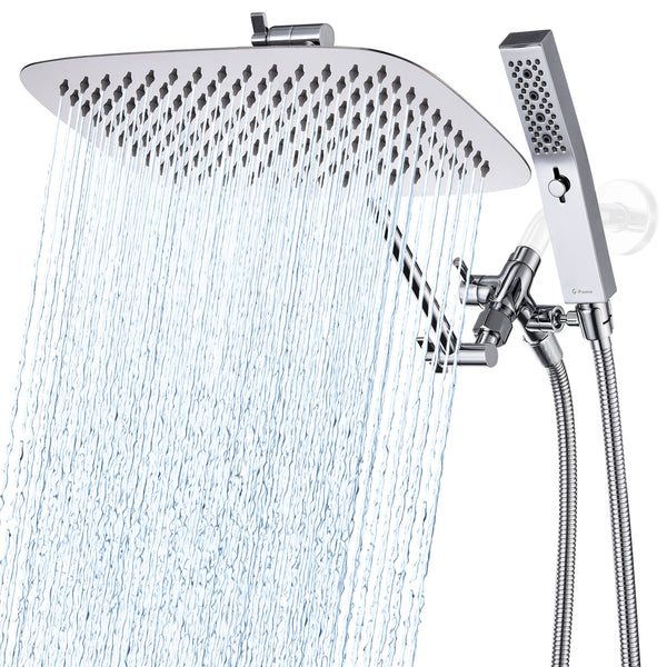 G-Promise All Metal 12" Dual Square Shower Head Combo | Rain Shower Head | Handheld Shower Wand | Adjustable | Smooth 3-Way Diverter | 71" Extra Long Hose - A Bathroom Upgrade (Chrome)