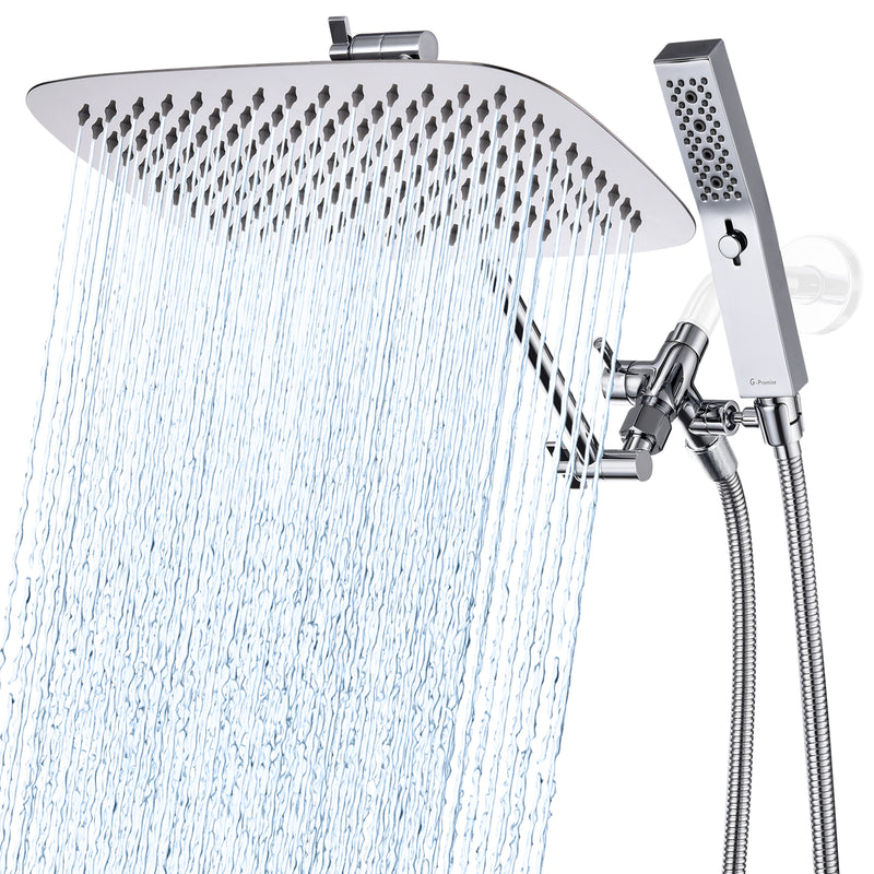 G-Promise All Metal 12" Dual Square Shower Head Combo | Rain Shower Head | Handheld Shower Wand | Adjustable | Smooth 3-Way Diverter | 71" Extra Long Hose - A Bathroom Upgrade (Chrome)