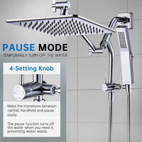 G-Promise All Metal 12 Inches Rain Shower Head with Handheld Built-in Power Wash Mode, 3-way Shower Diverter with Pause Setting, 11 Inches Adjustable Extension Arm, Long Hose (Chrome, 12 Inches)