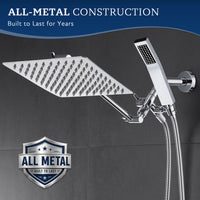 G-Promise All Metal 8" Dual Square Shower Head Combo | Rain Shower Head | Handheld Shower Wand | Adjustable | Smooth 3-Way Diverter | 71" Extra Long Hose - A Bathroom Upgrade (Chrome)