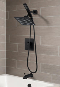 All Metal Shower Faucet Set, Dual Square Shower Head System with Handheld Wand, Diverter, Hose Complete Combo, Pressure Balance Rough-in Valve and Tub Spout Included (Matte Black)