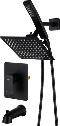 All Metal Shower Faucet Set, Dual Square Shower Head System with Handheld Wand, Diverter, Hose Complete Combo, Pressure Balance Rough-in Valve and Tub Spout Included (Matte Black)