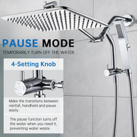 G-Promise All Metal 14 Inches Rain Shower Head with Handheld Built-in Power Wash Mode, 3-way Shower Diverter with Pause Setting, 11 Inches Adjustable Extension Arm, Long Hose (Chrome, 14 Inches)