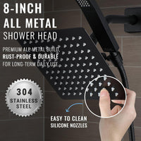 All Metal Shower Faucet Set, Dual Square Shower Head System with Handheld Wand, Diverter, Hose Complete Combo, Pressure Balance Rough-in Valve Included (Matte Black)