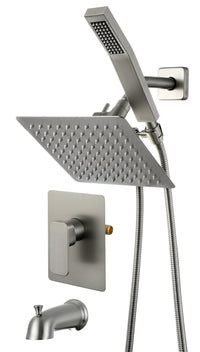 All Metal Shower Faucet Set, Dual Square Shower Head System with Handheld Wand, Diverter, Hose Complete Combo, Pressure Balance Rough-in Valve and Tub Spout Included (Matte Black)