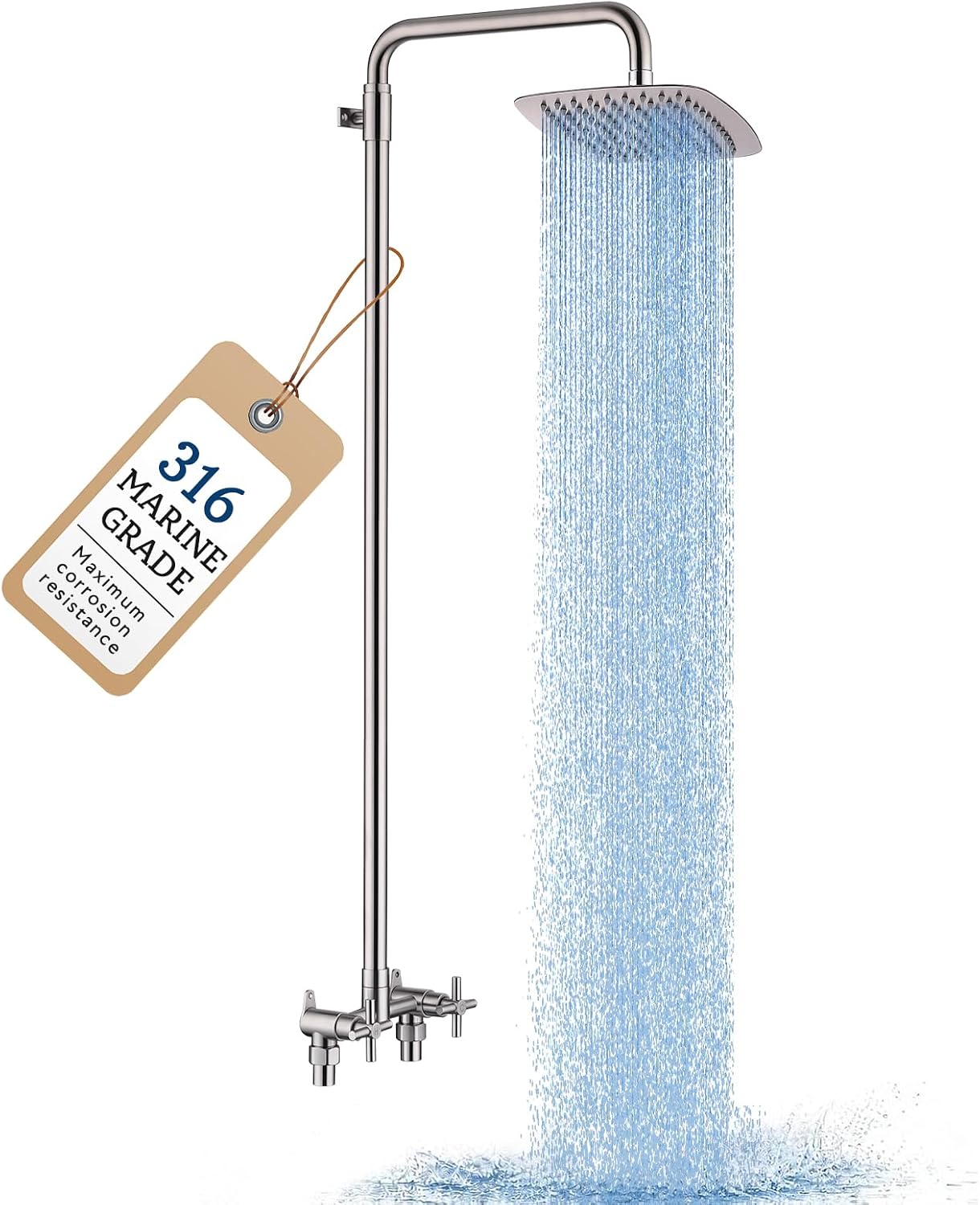 G-Promise 316 Marine Grade Stainless Steel 10" Rainfall Outdoor Shower Kit | SUS 316 Stainless Steel, Easy Install, Height Adjustable, Exposed Wall Mounted, for Poolside, Backyard, Coastal Homes