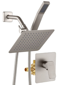 All Metal Shower Faucet Set, Dual Square Shower Head System with Handheld Wand, Diverter, Hose Complete Combo, Pressure Balance Rough-in Valve Included (Matte Black)