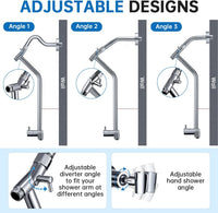 G-Promise All Metal Shower Diverter with Low Holder, Extended 13.5 Inch, Includes Rain Shower head, 3-Function Hand Shower with Massage Mode, Stainless Steel Long Hose (Chrome)