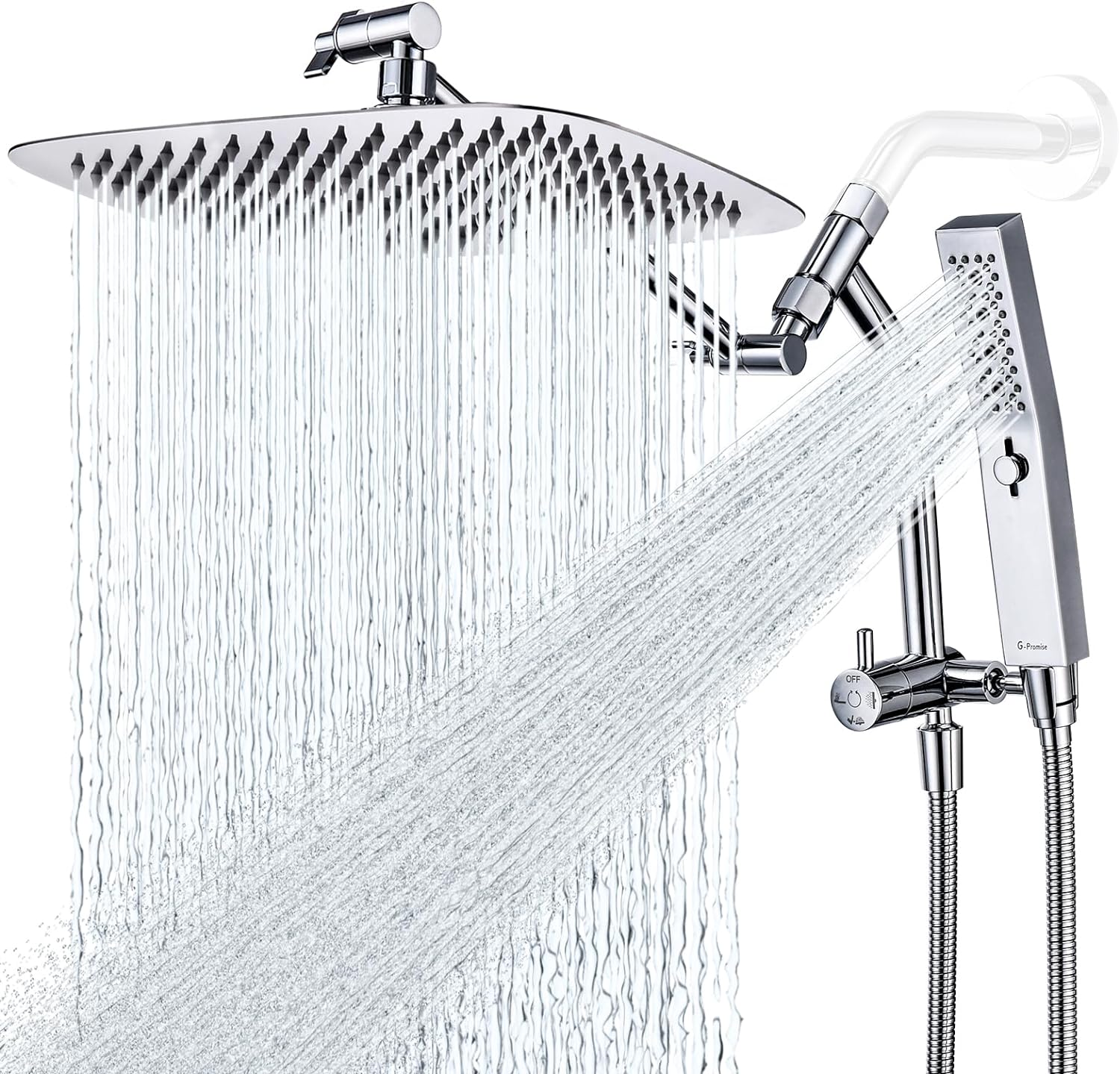 G-Promise All Metal 12 Inch Shower Head with Massage Mode Handheld, Rain Shower Head with Handheld Spray Combo, 3-Way Diverter with Pause Setting, 11 Inch Adjustable Extension Arm (Chrome)