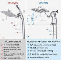G-Promise All Metal 12 Inch Shower Head with Massage Mode Handheld, Rain Shower Head with Handheld Spray Combo, 3-Way Diverter with Pause Setting, 11 Inch Adjustable Extension Arm (Chrome)