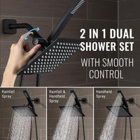 All Metal Shower Faucet Set, Dual Square Shower Head System with Handheld Wand, Diverter, Hose Complete Combo, Pressure Balance Rough-in Valve Included (Matte Black)