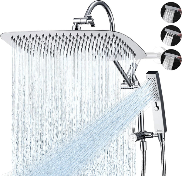 G-Promise All Metal 16 Inch Shower Head with Massage Mode Handheld, Rain Shower Head with Handheld Spray Combo, 3-Way Diverter with Pause Setting, 13 Inch Adjustable Extension Arm (Polished Chrome)