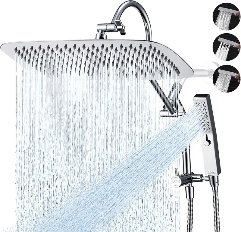 G-Promise All Metal 16 Inch Shower Head with Massage Mode Handheld, Rain Shower Head with Handheld Spray Combo, 3-Way Diverter with Pause Setting, 13 Inch Adjustable Extension Arm (Polished Chrome)