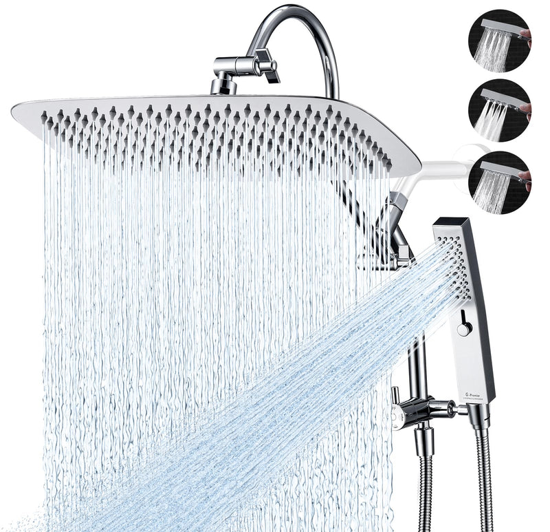 G-Promise All Metal 16 Inch Shower Head with Massage Mode Handheld, Rain Shower Head with Handheld Spray Combo, 3-Way Diverter with Pause Setting, 13 Inch Adjustable Extension Arm (Polished Chrome)