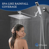 G-Promise All Metal 10" Dual Square Shower Head Combo | Rain Shower Head | Handheld Shower Wand | Adjustable | Smooth 3-Way Diverter | 71" Extra Long Hose - A Bathroom Upgrade (Chrome)