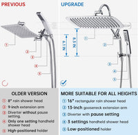 G-Promise All Metal 16 Inch Shower Head with Massage Mode Handheld, Rain Shower Head with Handheld Spray Combo, 3-Way Diverter with Pause Setting, 13 Inch Adjustable Extension Arm (Polished Chrome)