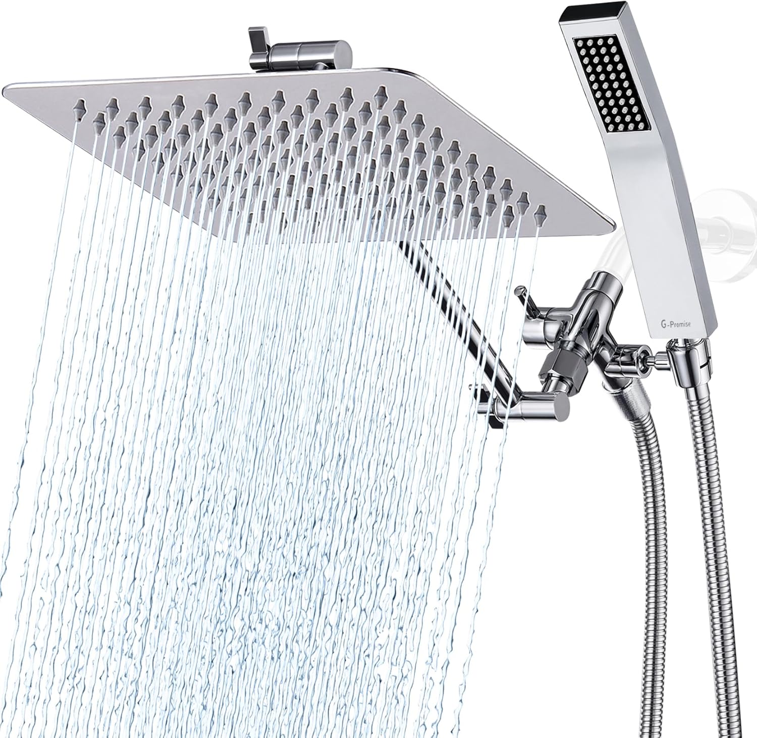 G-Promise All Metal 10" Dual Square Shower Head Combo | Rain Shower Head | Handheld Shower Wand | Adjustable | Smooth 3-Way Diverter | 71" Extra Long Hose - A Bathroom Upgrade (Chrome)