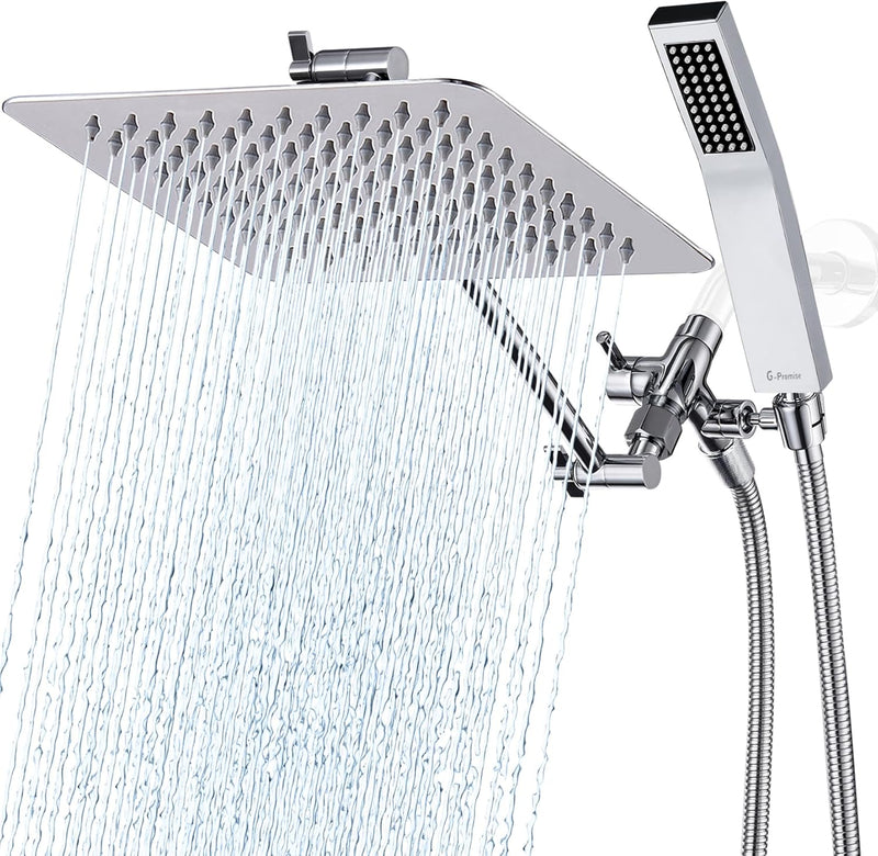 G-Promise All Metal 10" Dual Square Shower Head Combo | Rain Shower Head | Handheld Shower Wand | Adjustable | Smooth 3-Way Diverter | 71" Extra Long Hose - A Bathroom Upgrade (Chrome)