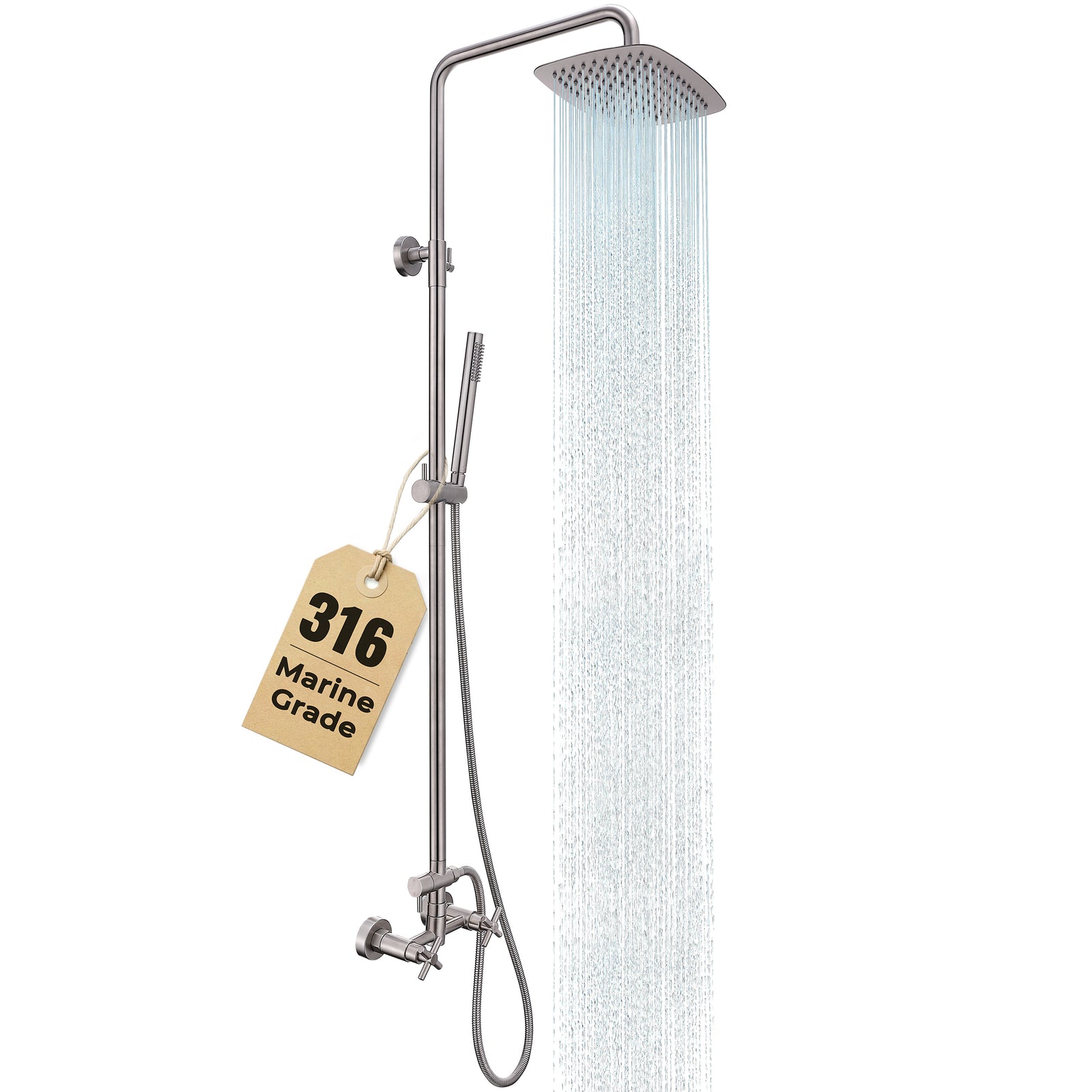 G-Promise 316 Marine Grade Stainless Steel Outdoor Shower Kit - Includes 10" Rain Shower Head & Handheld Spray, Wall Mounted, Maximum Corrosion Resistant for Poolside, Backyard, Coastal Homes