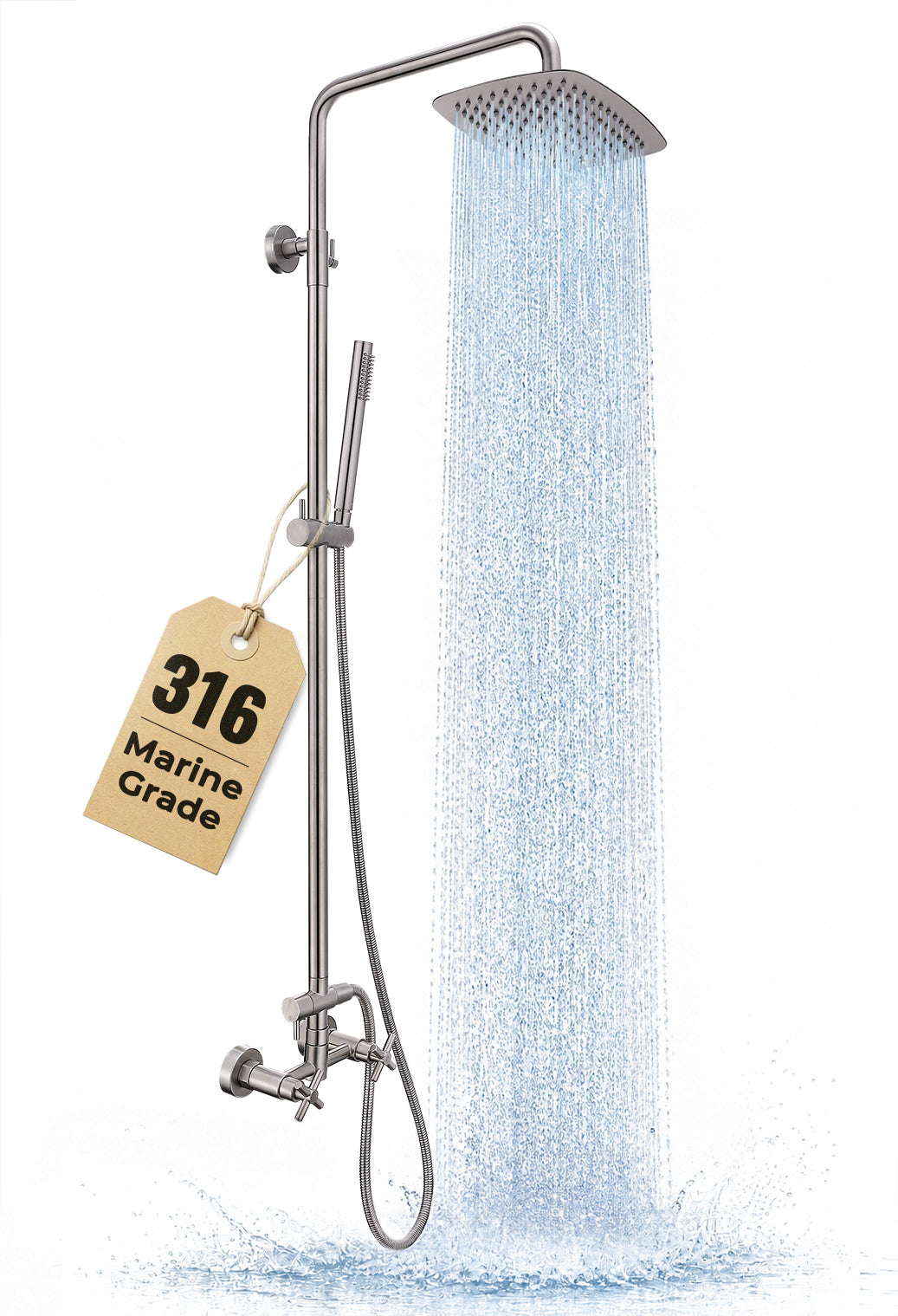 G-Promise 316 Marine Grade Stainless Steel Outdoor Shower Kit - Includes 8--10" Rain Shower Head & Handheld Spray, Wall Mounted, Maximum Corrosion Resistant for Poolside, Backyard, Coastal Homes