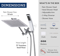 G-Promise All Metal 8" Dual Square Shower Head Combo | Rain Shower Head | Handheld Shower Wand | Adjustable | Smooth 3-Way Diverter | 71" Extra Long Hose - A Bathroom Upgrade (Chrome)