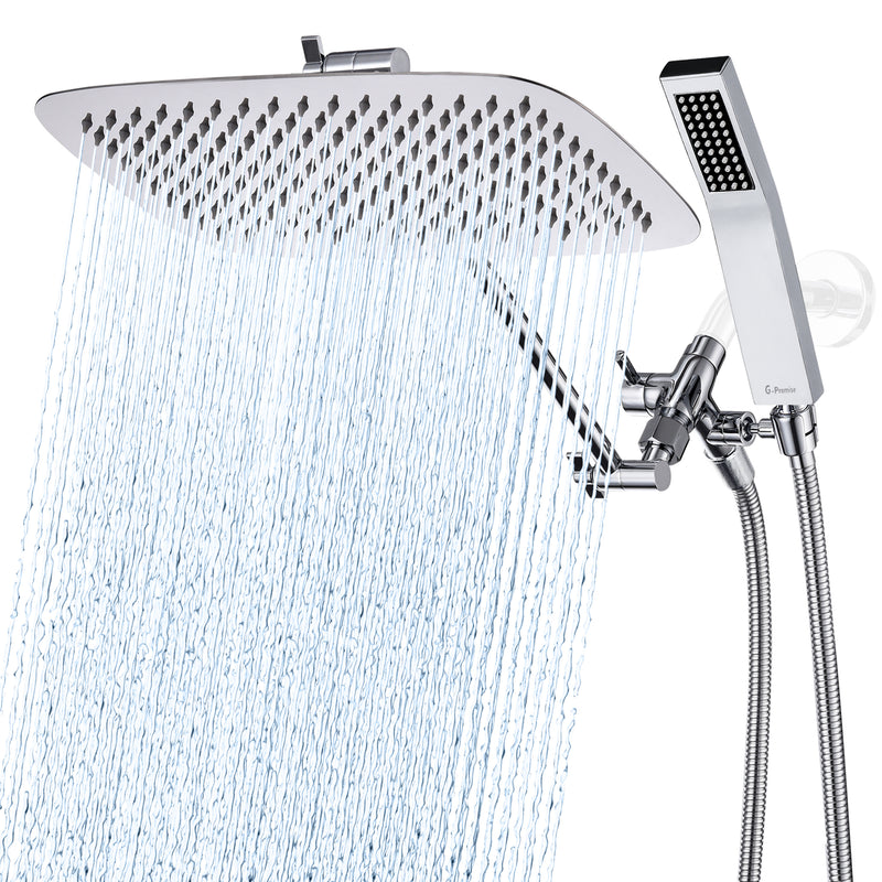 G-Promise All Metal 14" Dual Square Shower Head Combo | Rain Shower Head | Handheld Shower Wand | Adjustable | Smooth 3-Way Diverter | 71" Extra Long Hose - A Bathroom Upgrade (Chrome)