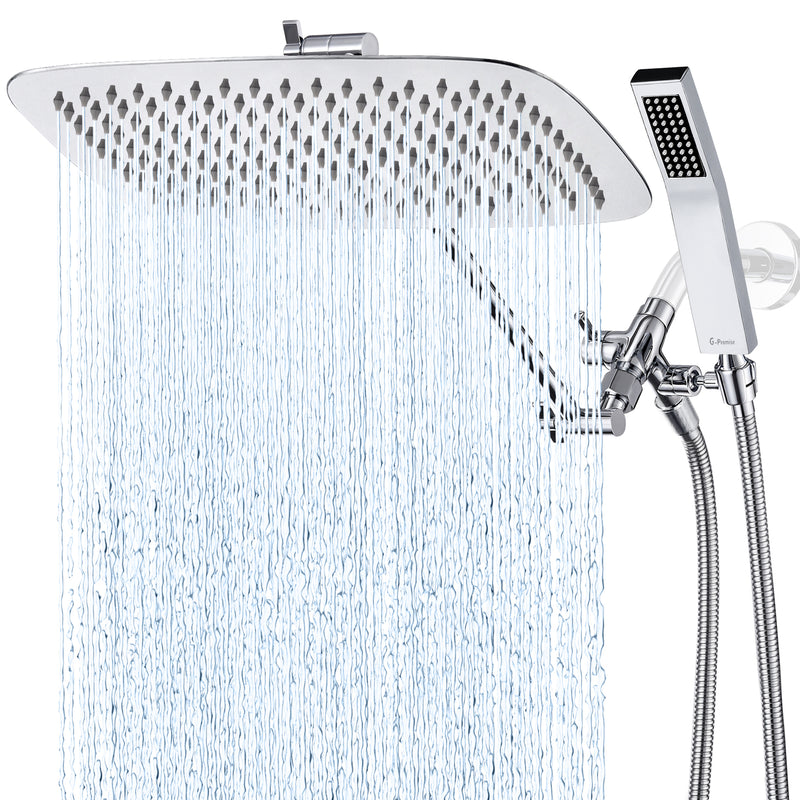 G-Promise All Metal 16" Dual Square Shower Head Combo | Rain Shower Head | Handheld Shower Wand | Adjustable | Smooth 3-Way Diverter | 71" Extra Long Hose - A Bathroom Upgrade (Chrome)