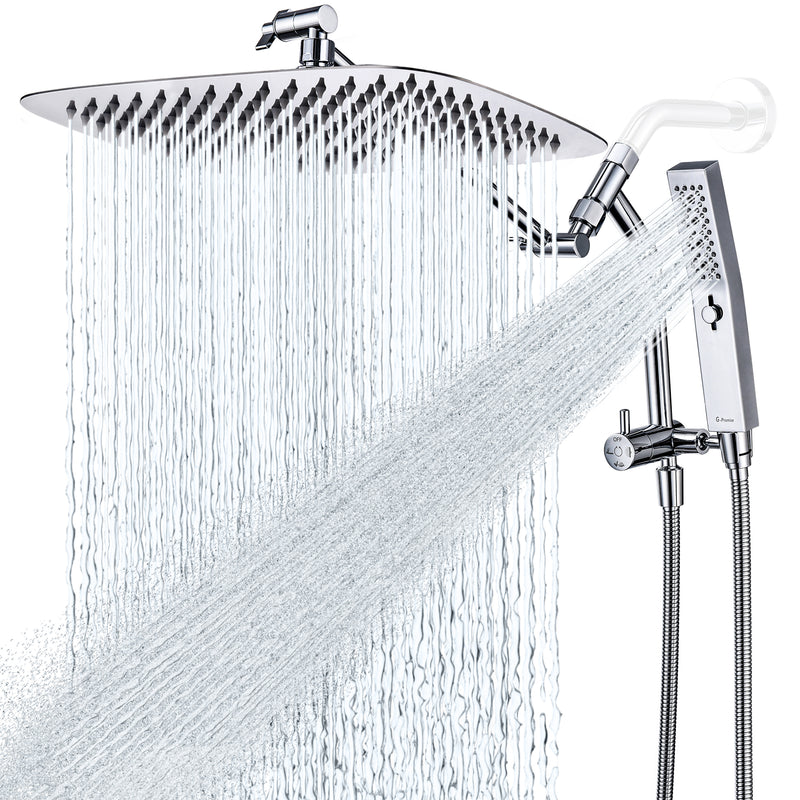 G-Promise All Metal 14 Inch Shower Head with Massage Mode Handheld, Rain Shower Head with Handheld Spray Combo, 3-Way Diverter with Pause Setting, 11 Inch Adjustable Extension Arm (Chrome)