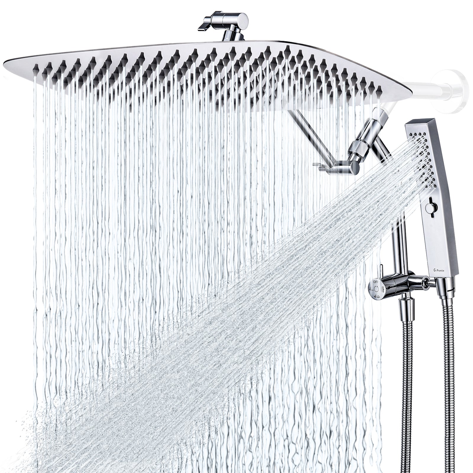 G-Promise All Metal 16 Inch Shower Head with Massage Mode Handheld, Rain Shower Head with Handheld Spray Combo, 3-Way Diverter with Pause Setting, 11 Inch Adjustable Extension Arm (Chrome)