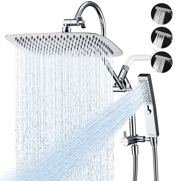 G-Promise All Metal 12 Inch Shower Head with Massage Mode Handheld, Rain Shower Head with Handheld Spray Combo, 3-Way Diverter with Pause Setting, 13 Inch Adjustable Extension Arm (Polished Chrome)