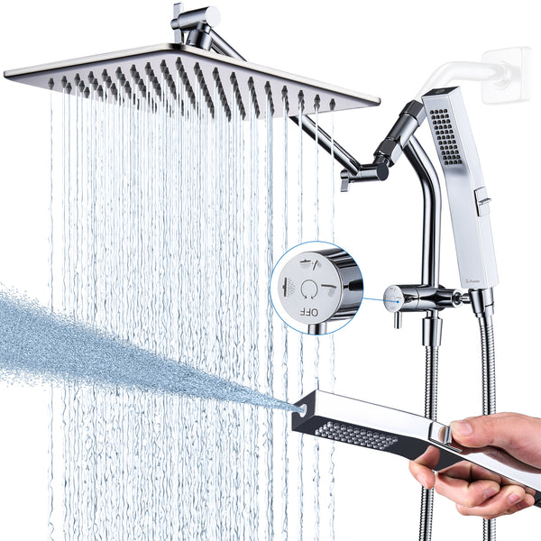 G-Promise All Metal 10 Inches Rain Shower Head with Handheld Built-in Power Wash Mode, 3-way Shower Diverter with Pause Setting, 11 Inches Adjustable Extension Arm, Long Hose (Chrome, 10 Inches)