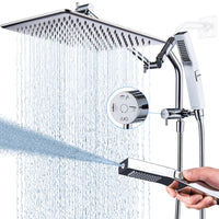 G-Promise All Metal 12 Inches Rain Shower Head with Handheld Built-in Power Wash Mode, 3-way Shower Diverter with Pause Setting, 11 Inches Adjustable Extension Arm, Long Hose (Chrome, 12 Inches)