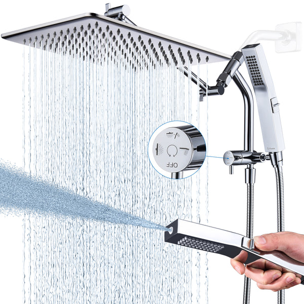 G-Promise All Metal 12 Inches Rain Shower Head with Handheld Built-in Power Wash Mode, 3-way Shower Diverter with Pause Setting, 11 Inches Adjustable Extension Arm, Long Hose (Chrome, 12 Inches)