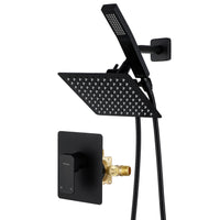 All Metal Shower Faucet Set, Dual Square Shower Head System with Handheld Wand, Diverter, Hose Complete Combo, Pressure Balance Rough-in Valve Included (Matte Black)