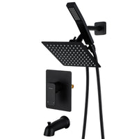 All Metal Shower Faucet Set, Dual Square Shower Head System with Handheld Wand, Diverter, Hose Complete Combo, Pressure Balance Rough-in Valve and Tub Spout Included (Matte Black)