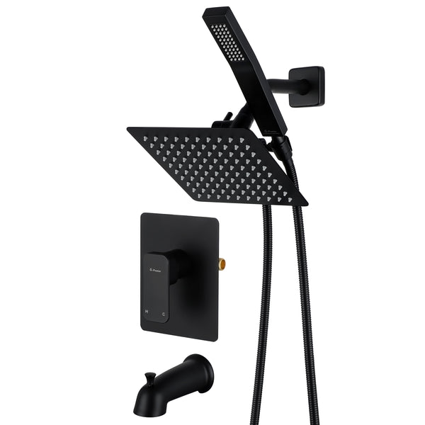 All Metal Shower Faucet Set, Dual Square Shower Head System with Handheld Wand, Diverter, Hose Complete Combo, Pressure Balance Rough-in Valve and Tub Spout Included (Matte Black)
