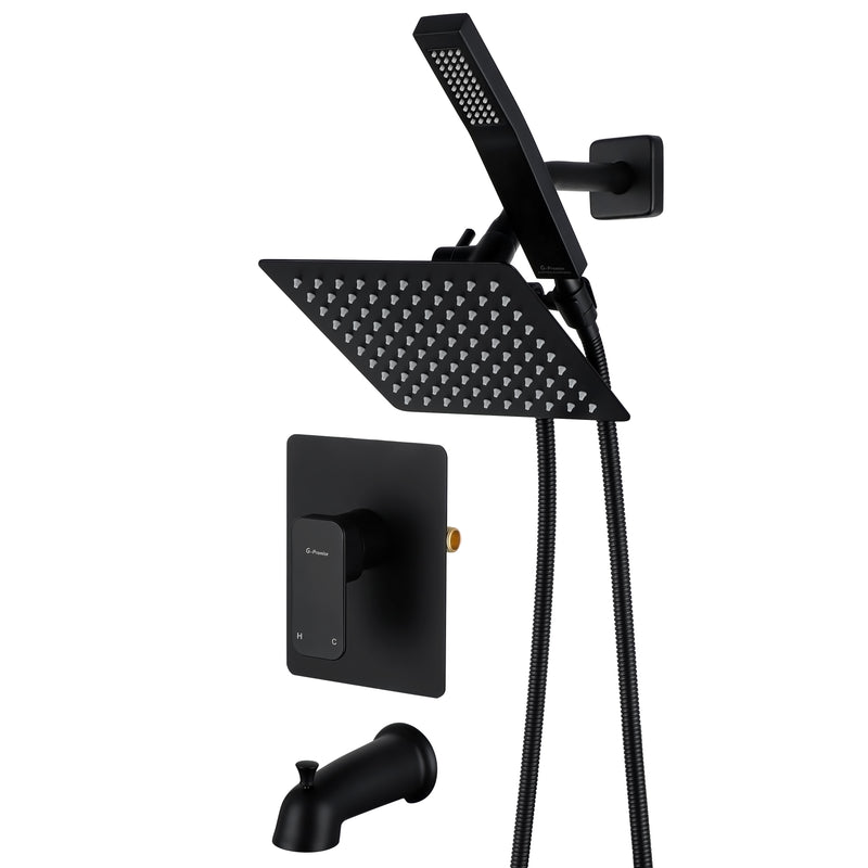 All Metal Shower Faucet Set, Dual Square Shower Head System with Handheld Wand, Diverter, Hose Complete Combo, Pressure Balance Rough-in Valve and Tub Spout Included (Matte Black)