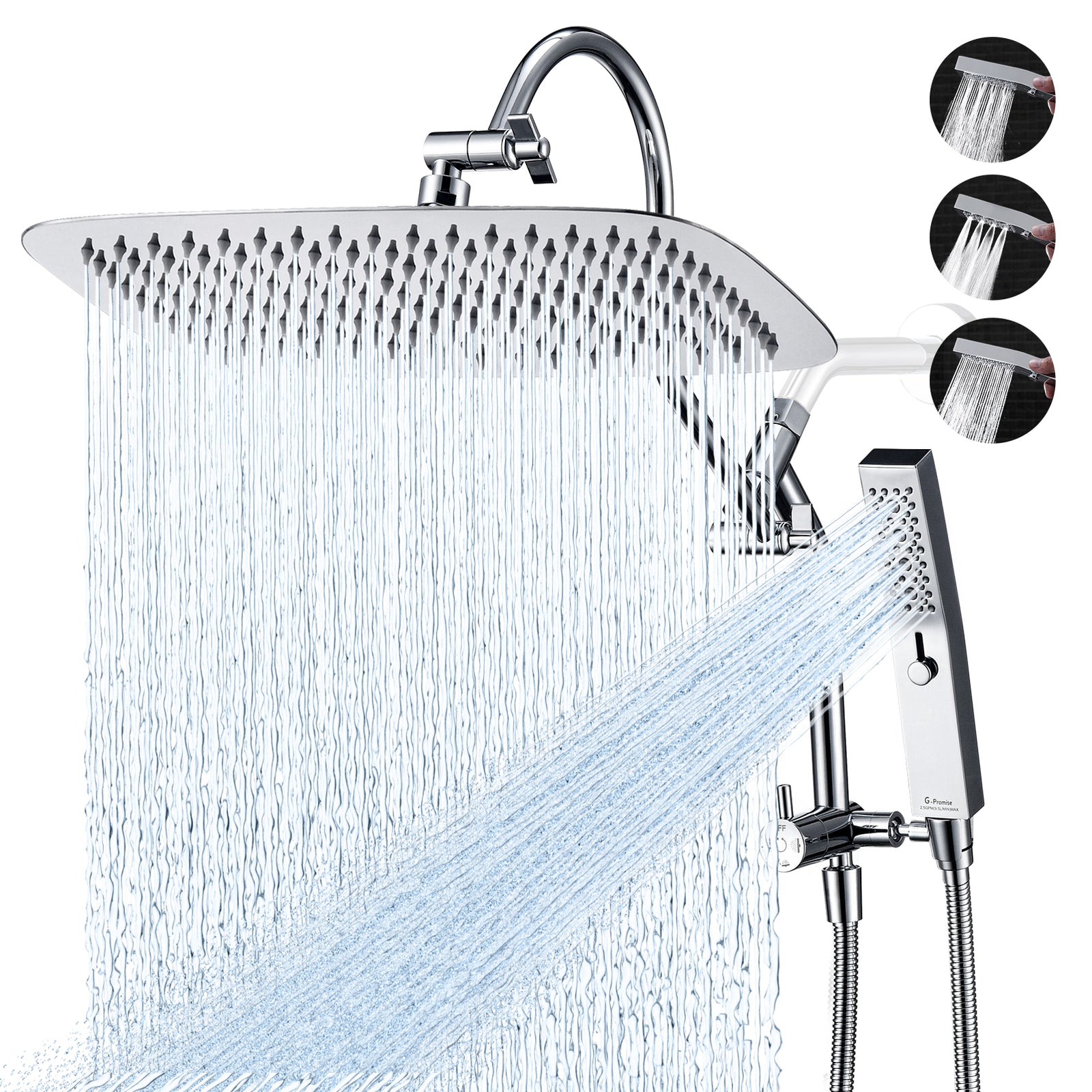 G-Promise All Metal 14 Inch Shower Head with Massage Mode Handheld, Rain Shower Head with Handheld Spray Combo, 3-Way Diverter with Pause Setting, 13 Inch Adjustable Extension Arm (Polished Chrome)