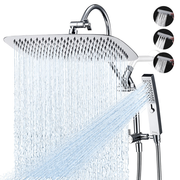 G-Promise All Metal 14 Inch Shower Head with Massage Mode Handheld, Rain Shower Head with Handheld Spray Combo, 3-Way Diverter with Pause Setting, 13 Inch Adjustable Extension Arm (Polished Chrome)