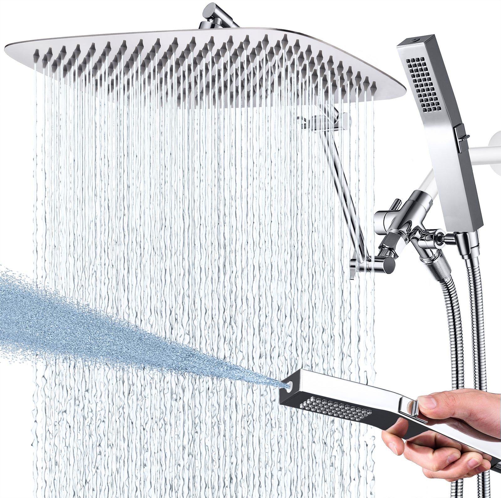 G-Promise All Metal 14 Inches Rainfall Shower Head with Handheld Spray Combo, 3 Settings Diverter, Adjustable Extension Arm with Lock Joints, 71 Inches Stainless Steel Hose (Chrome)