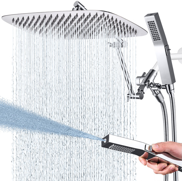 G-Promise All Metal 14 Inches Rainfall Shower Head with Handheld Spray Combo, 3 Settings Diverter, Adjustable Extension Arm with Lock Joints, 71 Inches Stainless Steel Hose (Chrome)