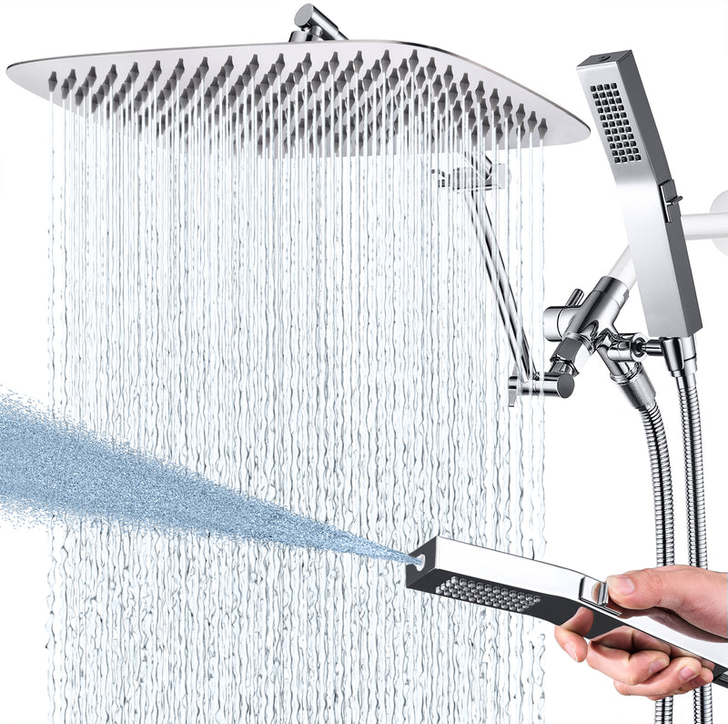 G-Promise All Metal 14 Inches Rainfall Shower Head with Handheld Spray Combo, 3 Settings Diverter, Adjustable Extension Arm with Lock Joints, 71 Inches Stainless Steel Hose (Chrome)