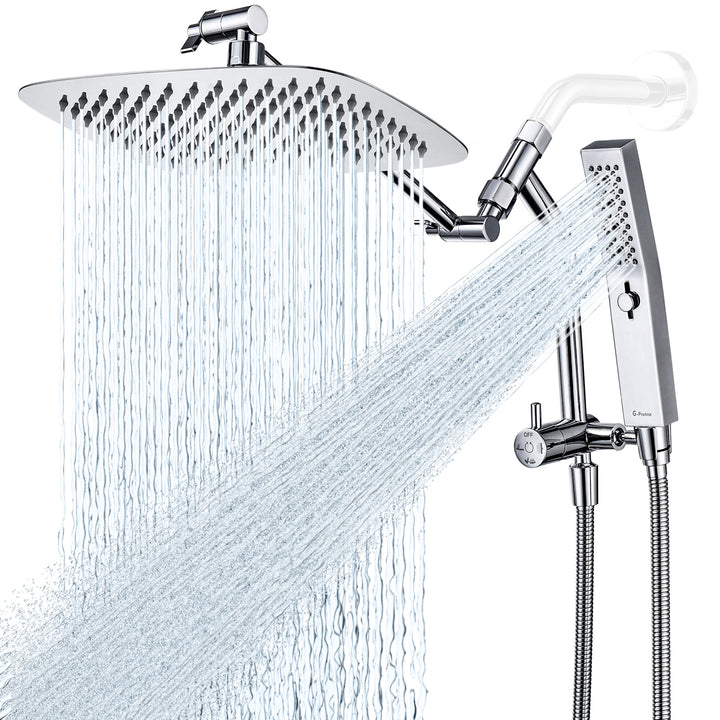 G-Promise All Metal 10 Inch Shower Head with Massage Mode Handheld, Rain Shower Head with Handheld Spray Combo, 3-Way Diverter with Pause Setting, 11 Inch Adjustable Extension Arm (Chrome)